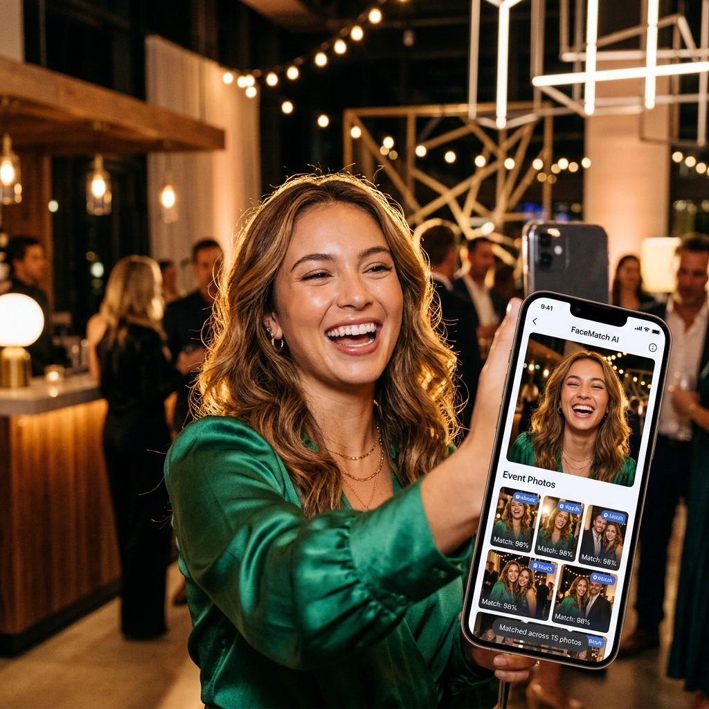 A happy young woman taking a quick, gorgeous selfie with her smartphone to search her photos instantly using AI face recognition search
