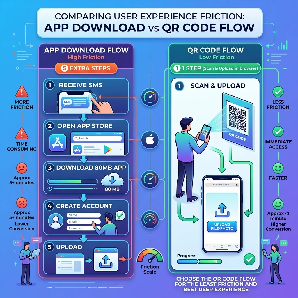 UX friction comparison of native app store download flow vs instant QR web browser upload