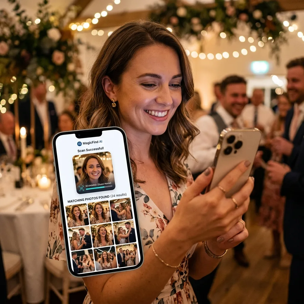 Wedding guest using PixelFind AI face search on EventPixel