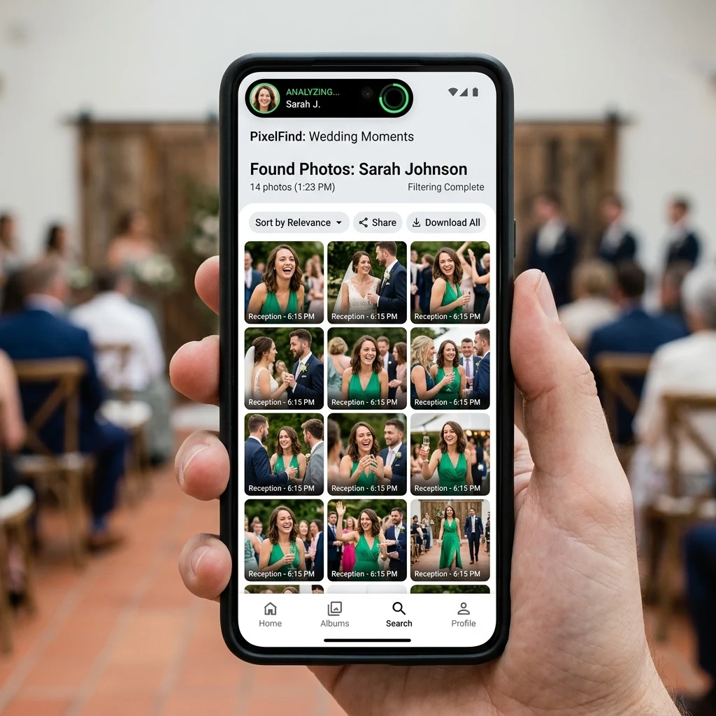 PixelFind AI face search filtering wedding photos by guest selfie