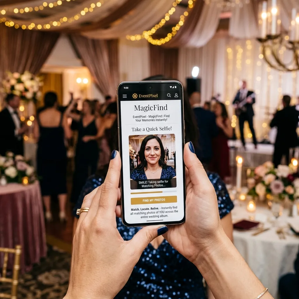 A phone showing AI face search results instantly surfacing every photo a guest appears in