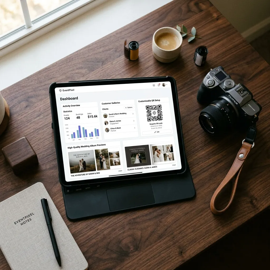Laptop displaying an event photo gallery next to wedding props