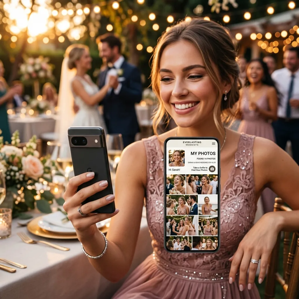 A guest using AI face search to instantly find their own photos in a large event gallery