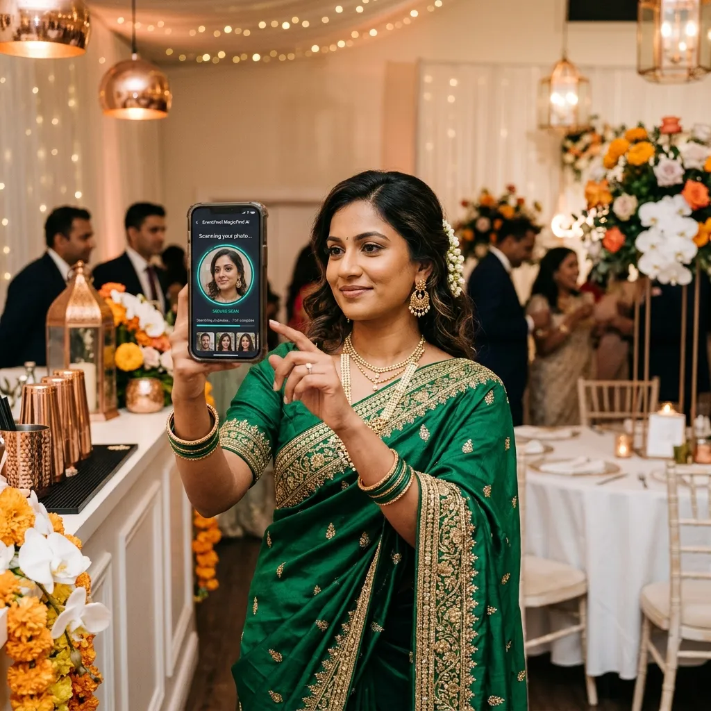 Step-by-step diagram showing how a wedding guest selfie matches photos via a face recognition app