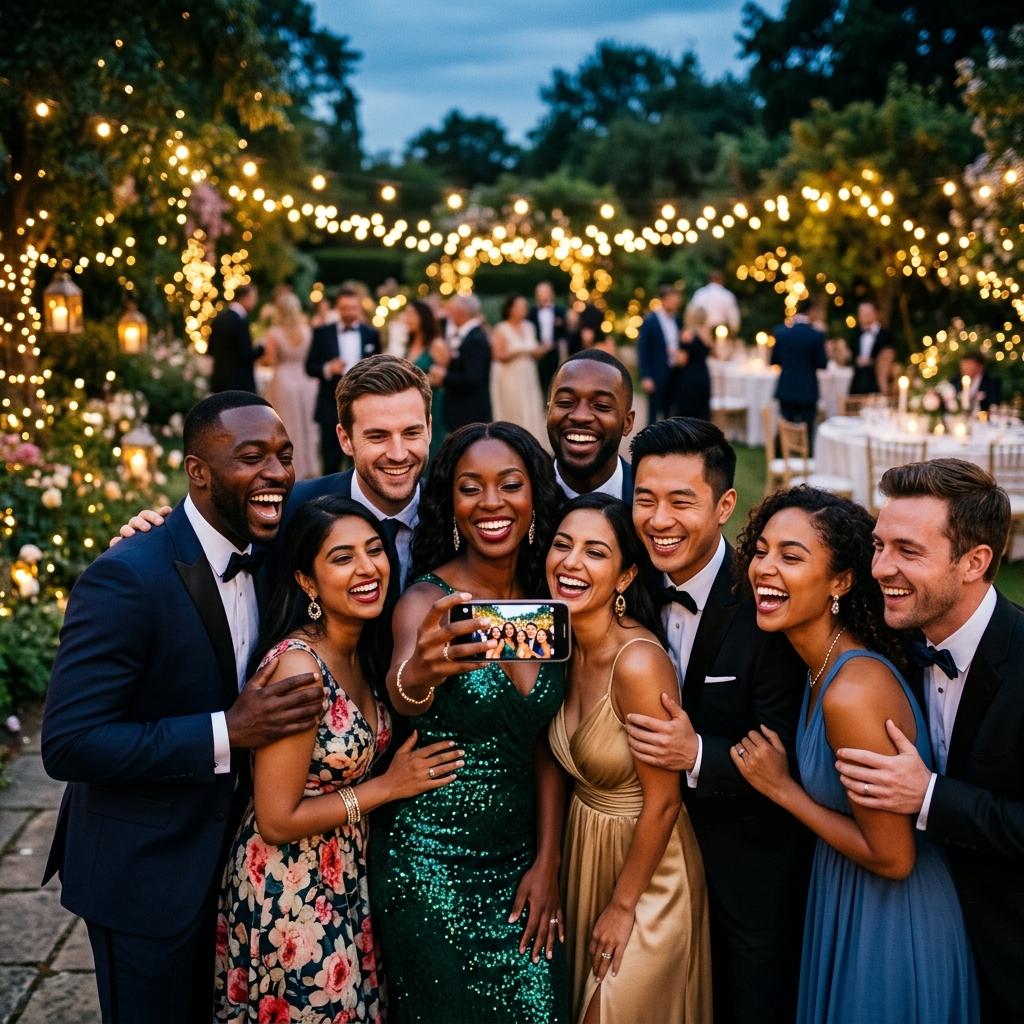Happy Wedding Guests taking a group selfie and uploading photos